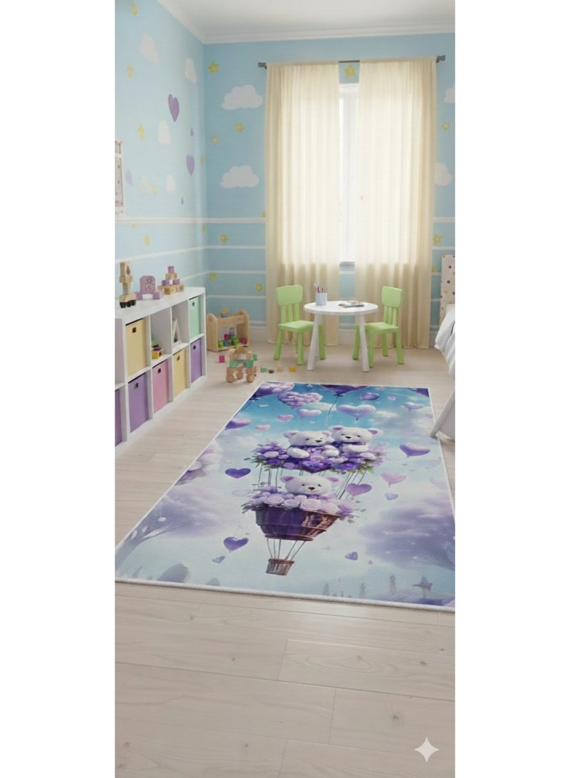 3D Modern Kids Room Rug - Teddy Bears in Hot Air Balloon Design - 120x180 cm - Anti-Slip Washable Carpet Alternative - Image 2